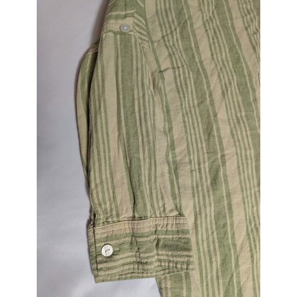 American Eagle Sz L Green Striped Boyfriend Button Shirt Top Boxy Linen Roll Tab - Picture 5 of 7